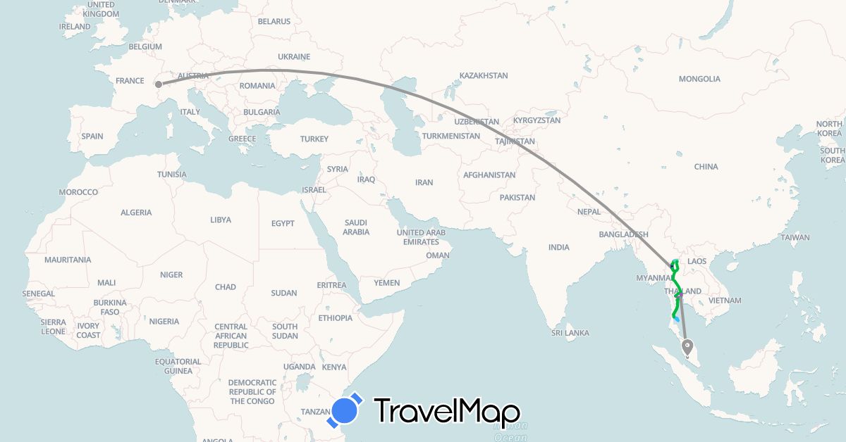 TravelMap itinerary: driving, bus, plane, train, boat, taxi, tuk-tuk in Switzerland, Malaysia, Thailand (Asia, Europe)