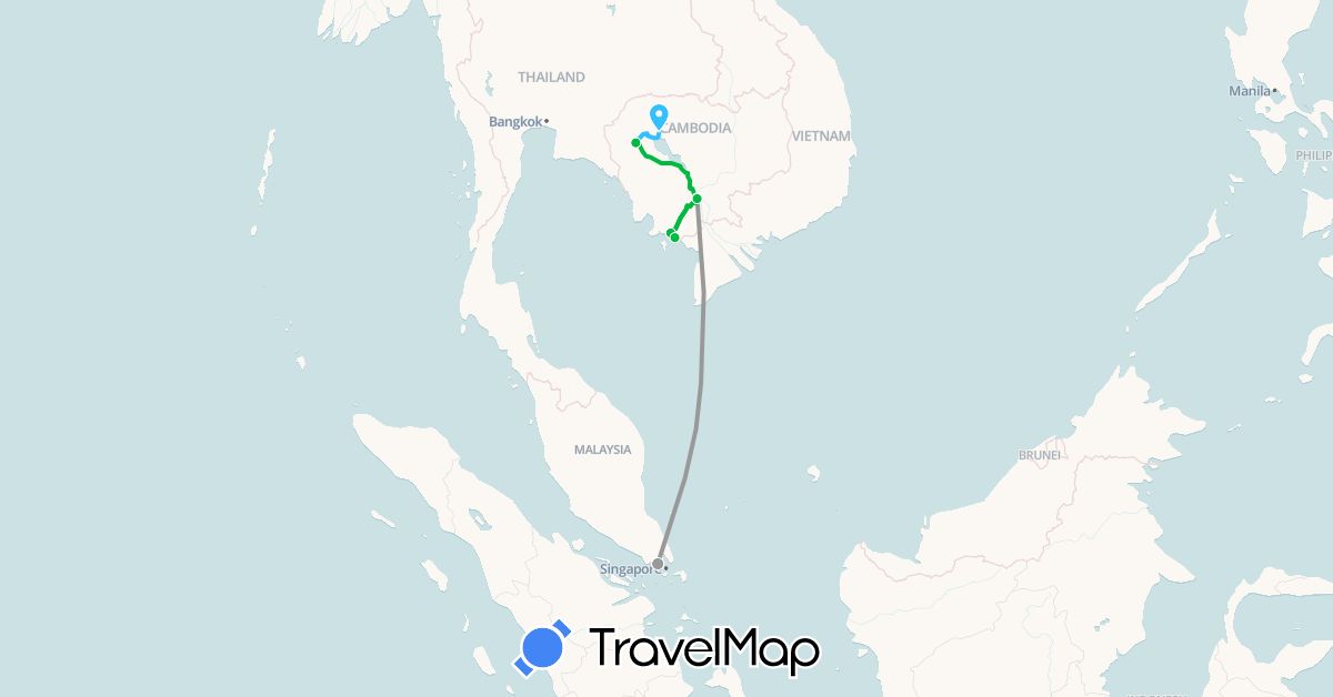 TravelMap itinerary: driving, bus, plane, boat in Cambodia, Singapore (Asia)