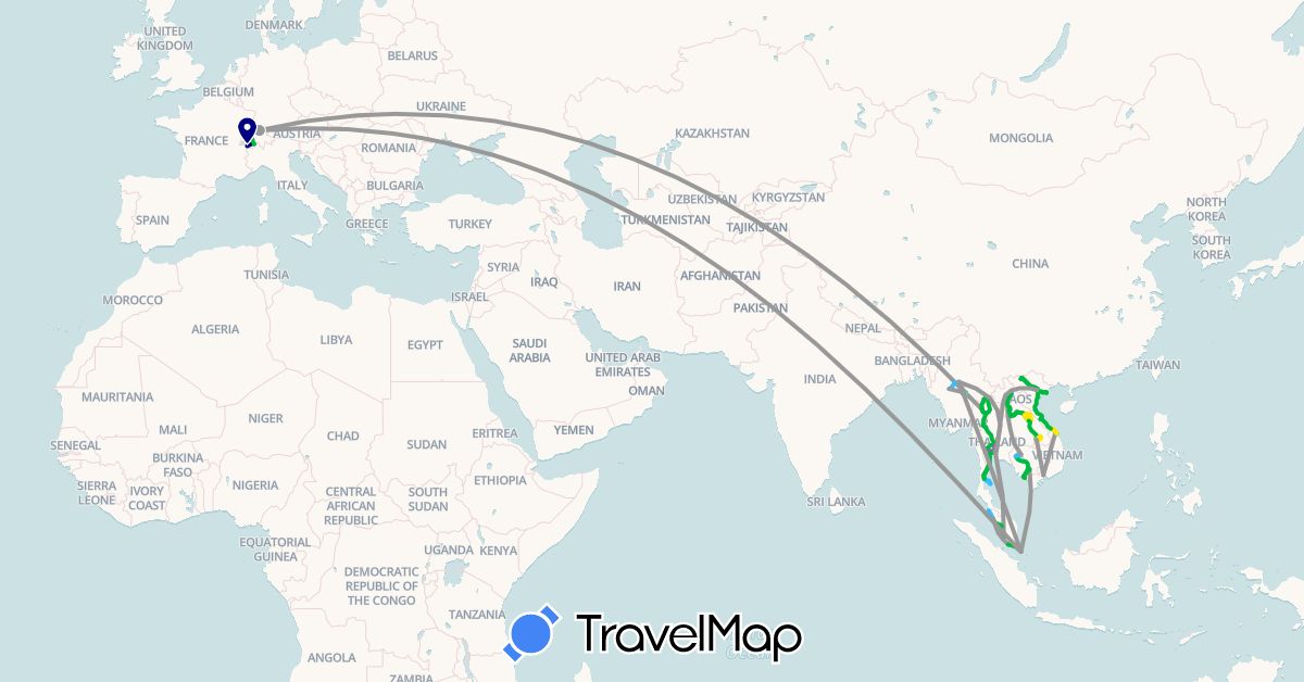 TravelMap itinerary: driving, bus, plane, train, boat, taxi, scooter in Switzerland, Cambodia, Laos, Myanmar (Burma), Malaysia, Singapore, Thailand, Vietnam (Asia, Europe)