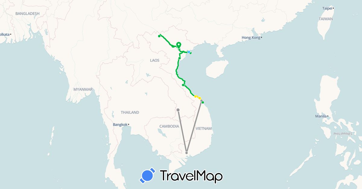 TravelMap itinerary: driving, bus, plane, boat, scooter in Laos, Vietnam (Asia)