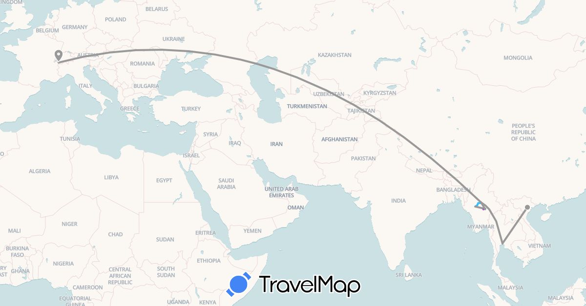 TravelMap itinerary: driving, plane, train, boat, taxi in Switzerland, Myanmar (Burma), Thailand, Vietnam (Asia, Europe)